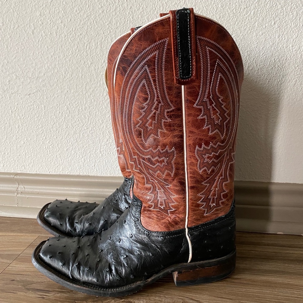 Anderson Bean Mens Black Full Quill Ostrich/Rust Lava Square Toe 11D